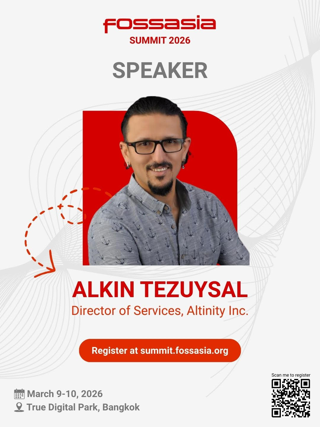 Alkin Tezuysal speaker card - FOSSASIA Summit 2026