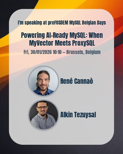 Alkin Tezuysal speaker card — preFOSDEM MySQL Belgian Days 2026